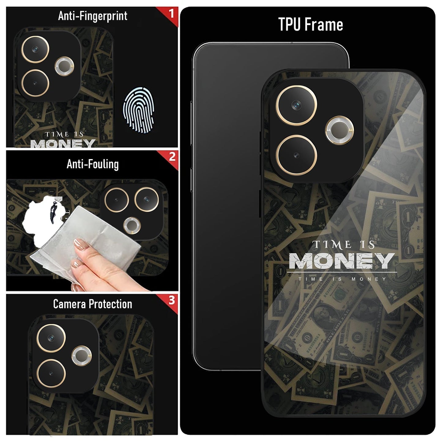 Oppo A5 Pro 5G Premium Acrylic Shockproof Glass Back Case (Time is Money )