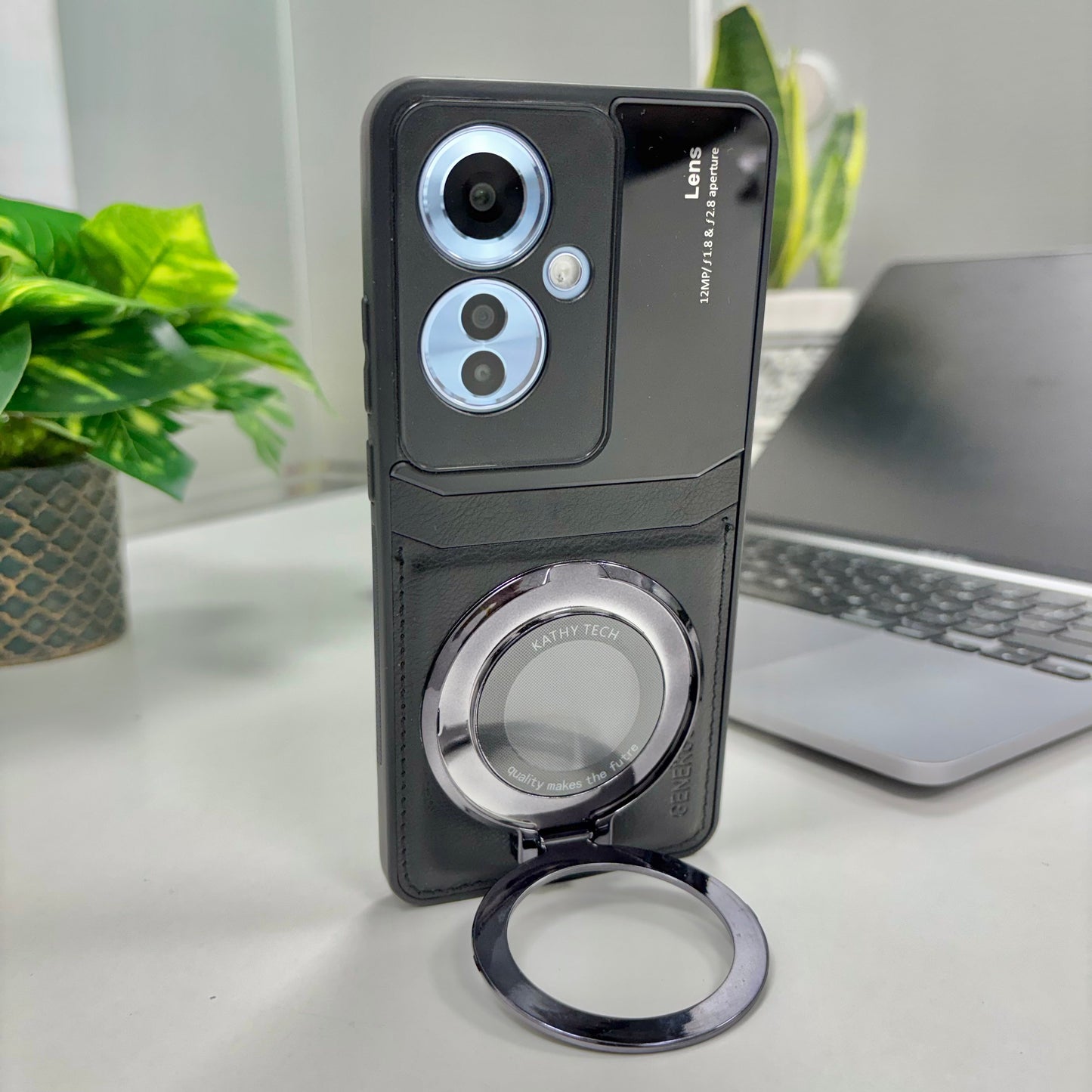 Oppo F25 Pro 5G Original Luxury Leather Lens Magnifier Ring Stand Case