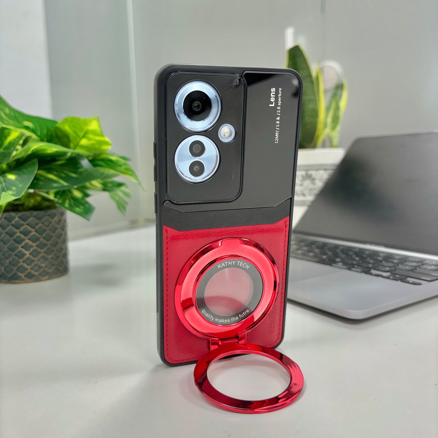 Oppo F25 Pro 5G Original Luxury Leather Lens Magnifier Ring Stand Case