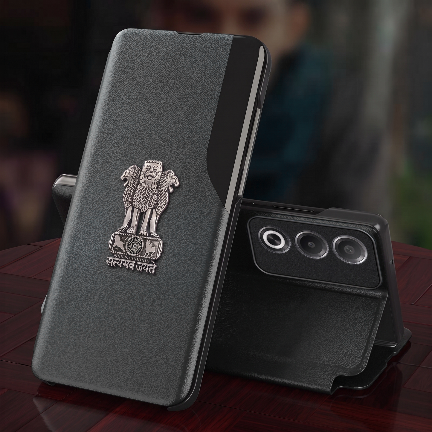 Oppo A3 Pro 5G Metal Emblem Satyamev Jayate Half Window Leather Flip Case