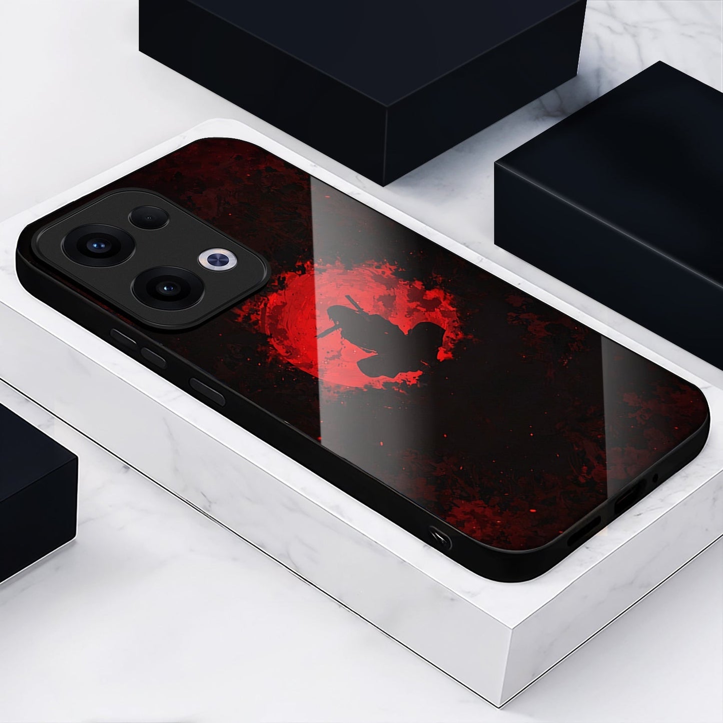 Oppo Reno 13 5G Premium Acrylic Shockproof Glass Back Case (blood-red moon Itachi)