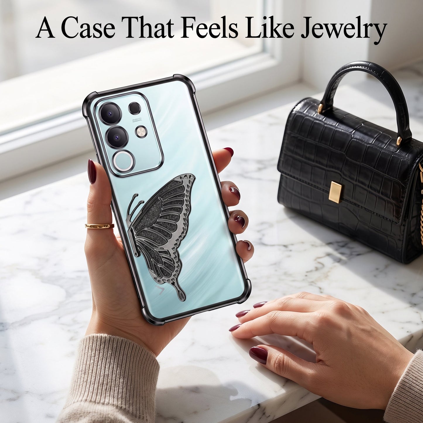 Vivo T4x 5G Premium Butterfly Glitter Transparent Shockproof Airbag Phone Case