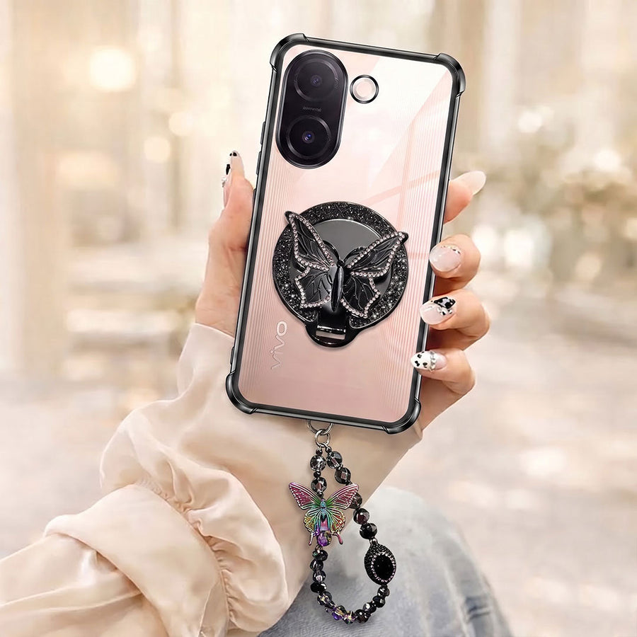 Vivo V60e 5G Transparent Airbag Butterfly Stand Case with Charm Strap