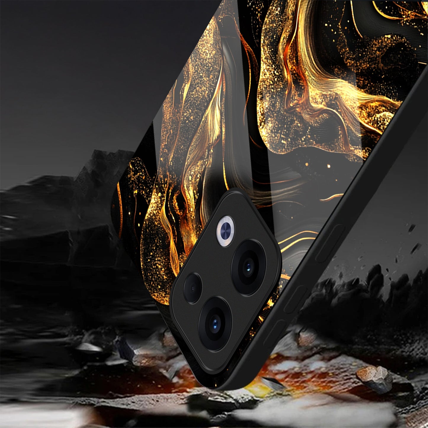 Oppo Reno 13 5G Premium Acrylic Shockproof Glass Back Case (Golden Vortex)