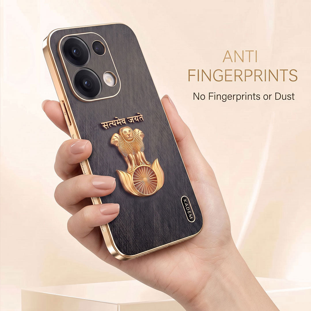 Oppo Reno 13 Satyamev Jayate 3D Electroplated Frame Gold Thread Pattern Hard Back Case