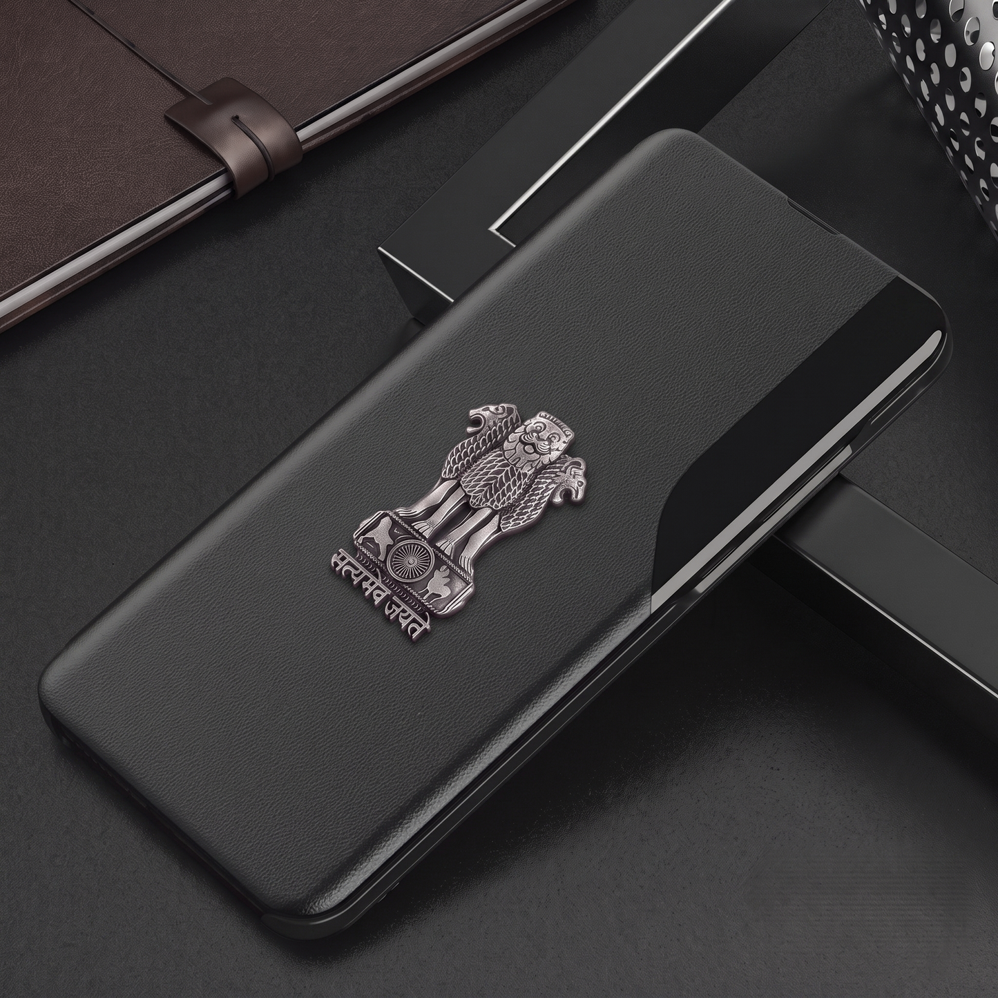 Vivo T2 Pro 5G Metal Emblem Satyamev Jayate Half Window Leather Flip Case