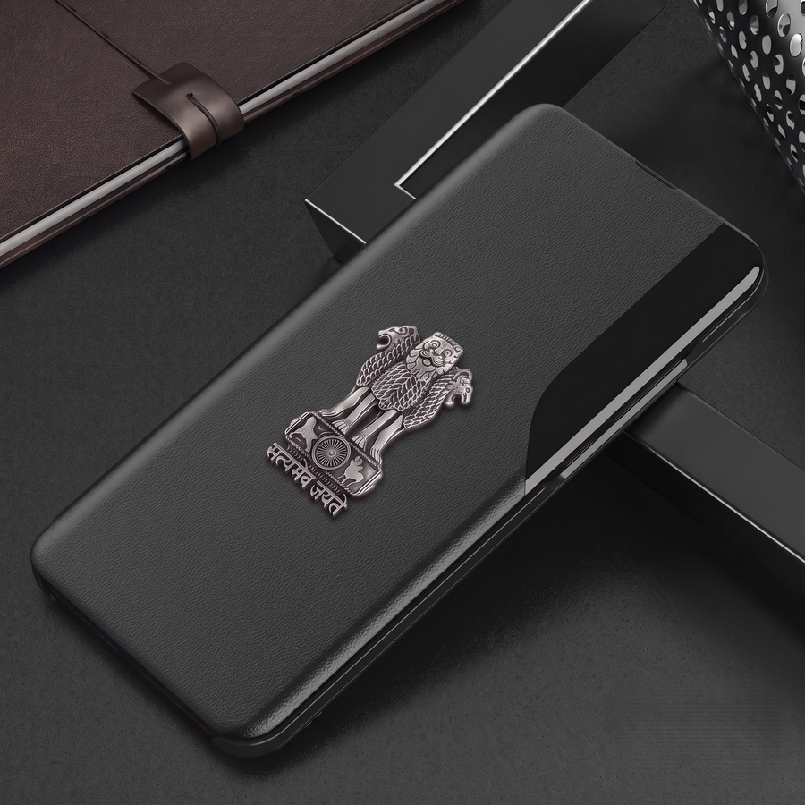 Vivo T2 Pro 5G Metal Emblem Satyamev Jayate Half Window Leather Flip Case