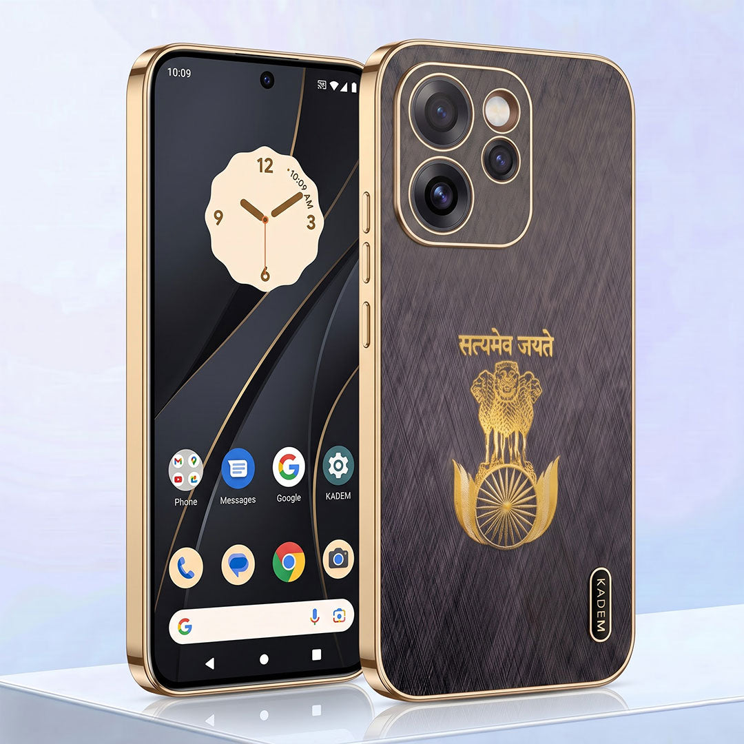 Oppo Reno 15 Pro Mini 5G Satyamev Jayate 3D Electroplated Frame Gold Thread Pattern Hard Back Case