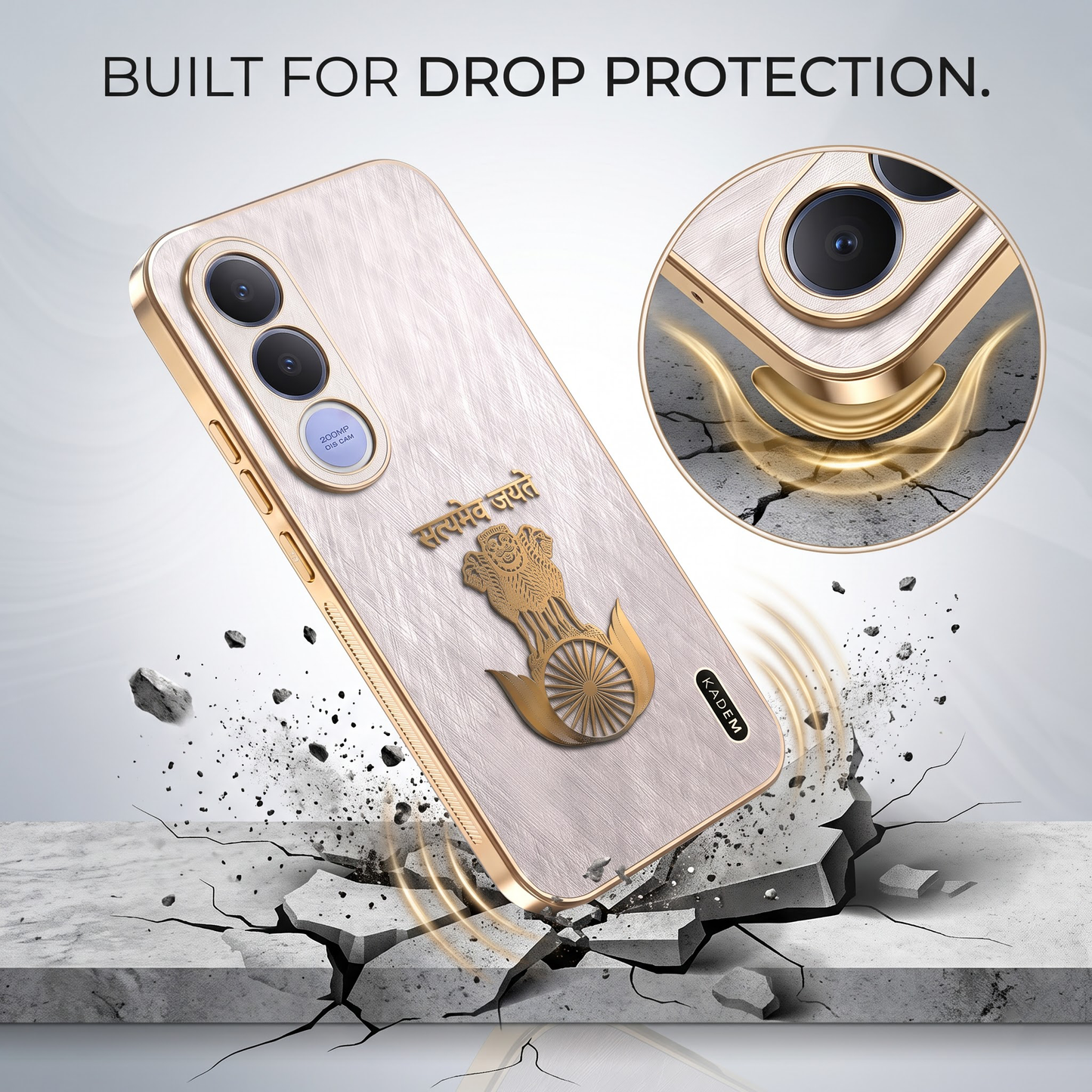 Vivo V70 FE 5G Satyamev Jayate 3D Electroplated Frame Gold Thread Pattern Hard Back Case
