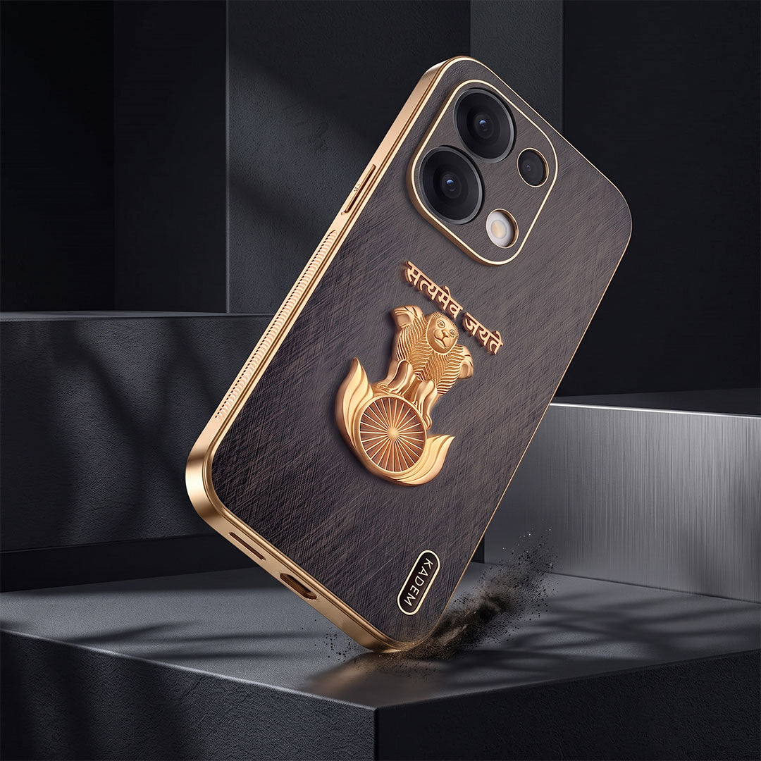 Oppo Reno 13 Satyamev Jayate 3D Electroplated Frame Gold Thread Pattern Hard Back Case