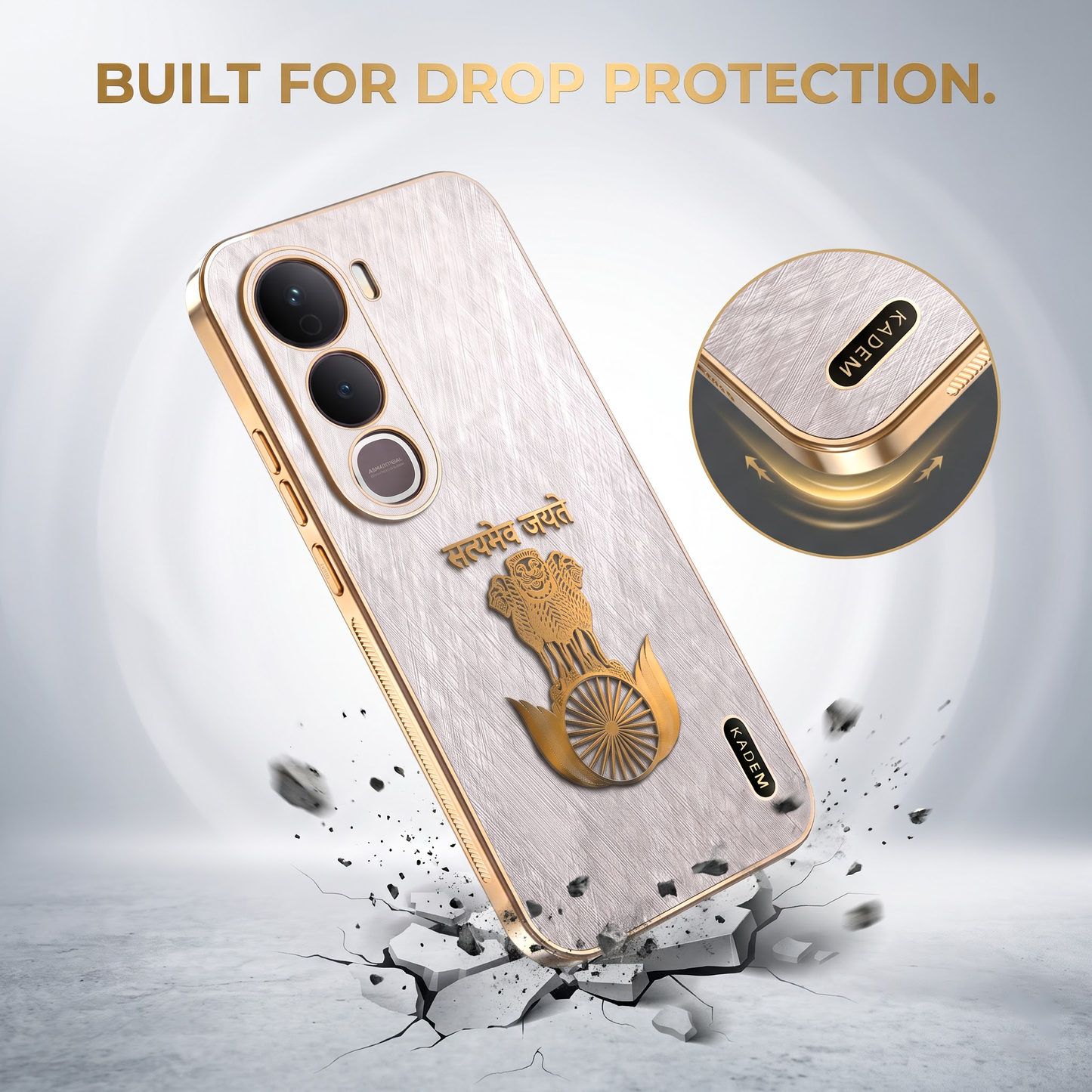 Vivo Y400 Pro 5G Satyamev Jayate 3D Electroplated Frame Gold Thread Pattern Hard Back Case