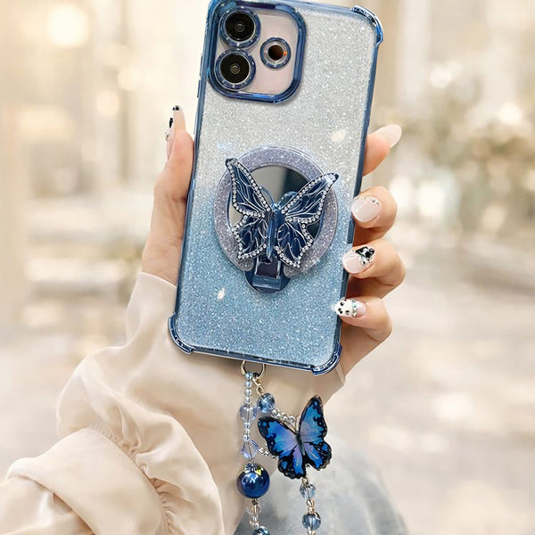 Oppo A5 Pro 5G Shockproof Shimmer Butterfly Stand Case with Charm Strap