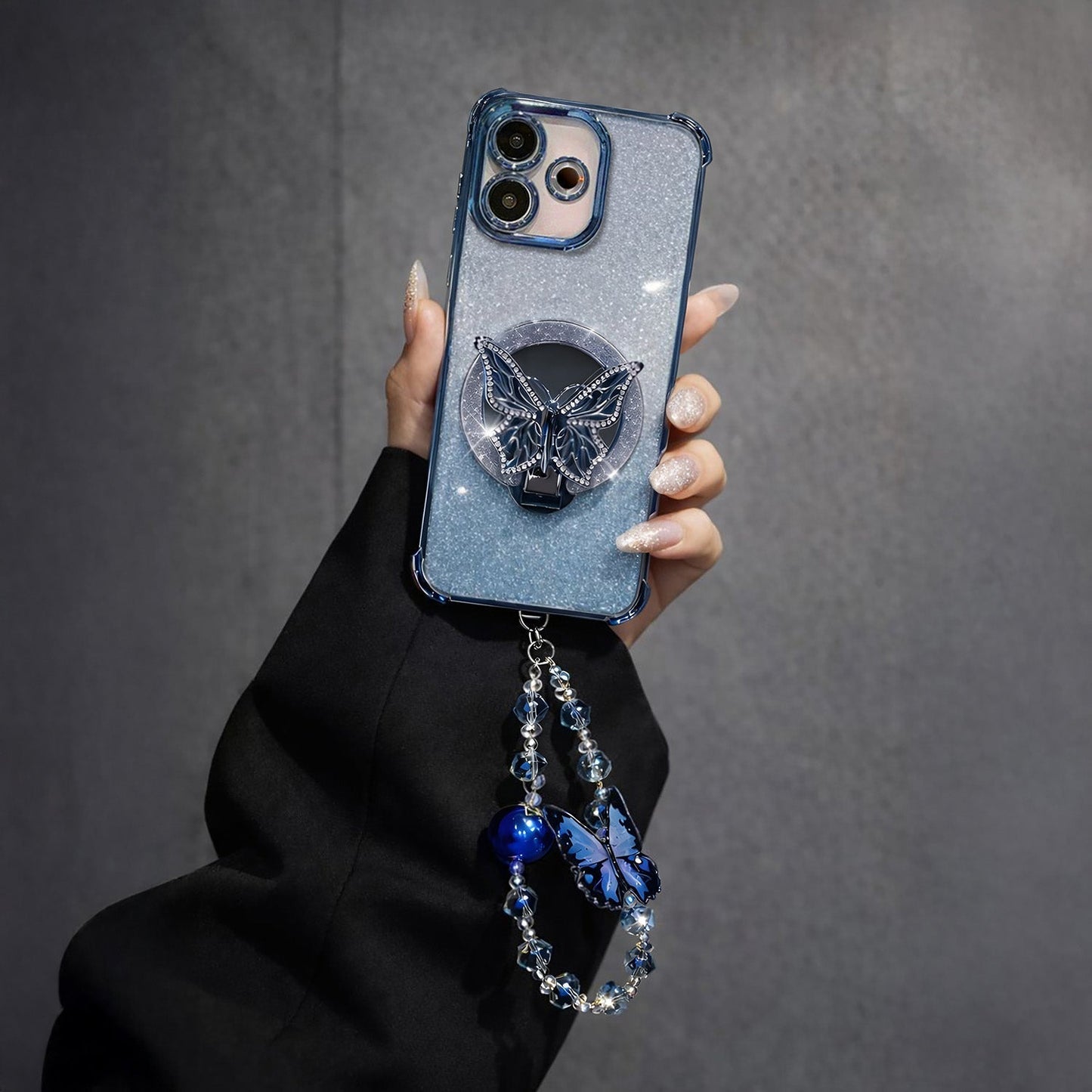 Oppo A5 Pro 5G Shockproof Shimmer Butterfly Stand Case with Charm Strap