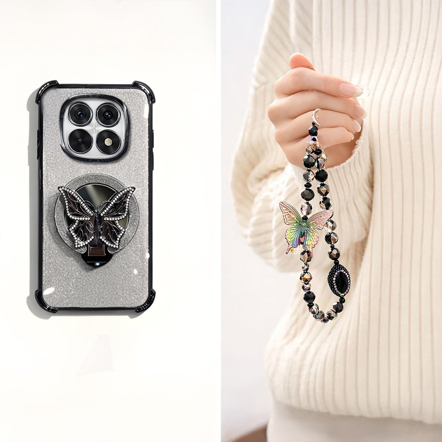 Oppo F29 Pro 5G Shockproof Shimmer Butterfly Stand Case with Charm Strap