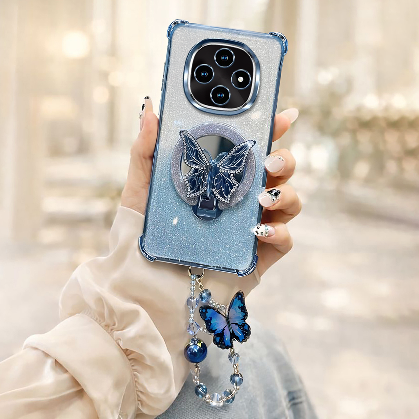 Oppo F31 Pro 5G Shockproof Shimmer Butterfly Stand Case with Charm Strap