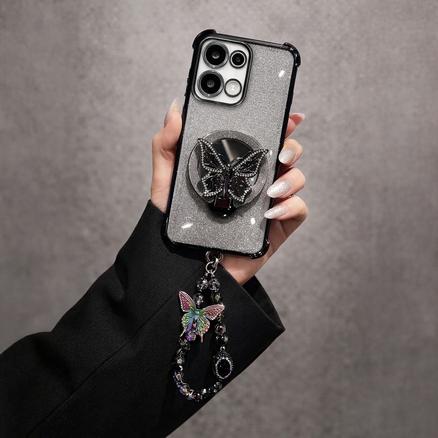 Oppo Reno 13 5G Shockproof Shimmer Butterfly Stand Case with Charm Strap