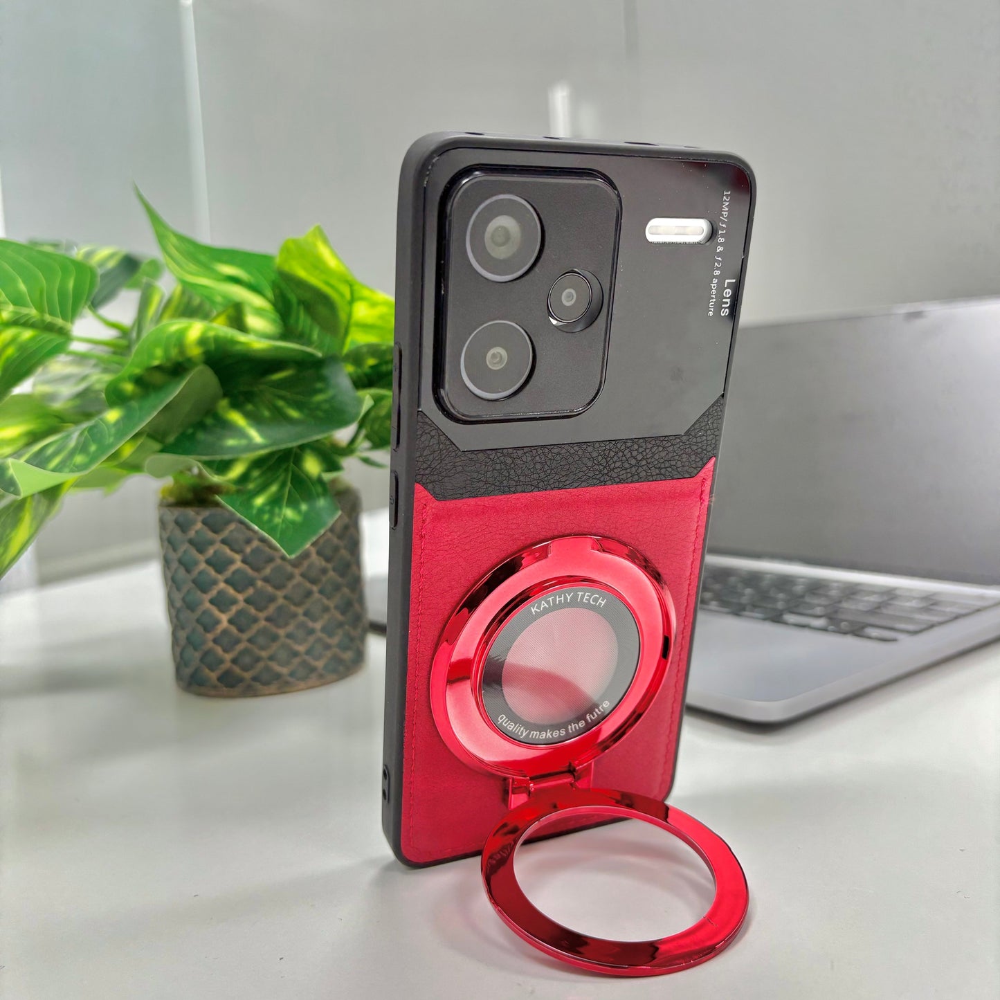 Redmi Note 13 Pro+ 5G Original Luxury Leather Lens Magnifier Ring Stand Case