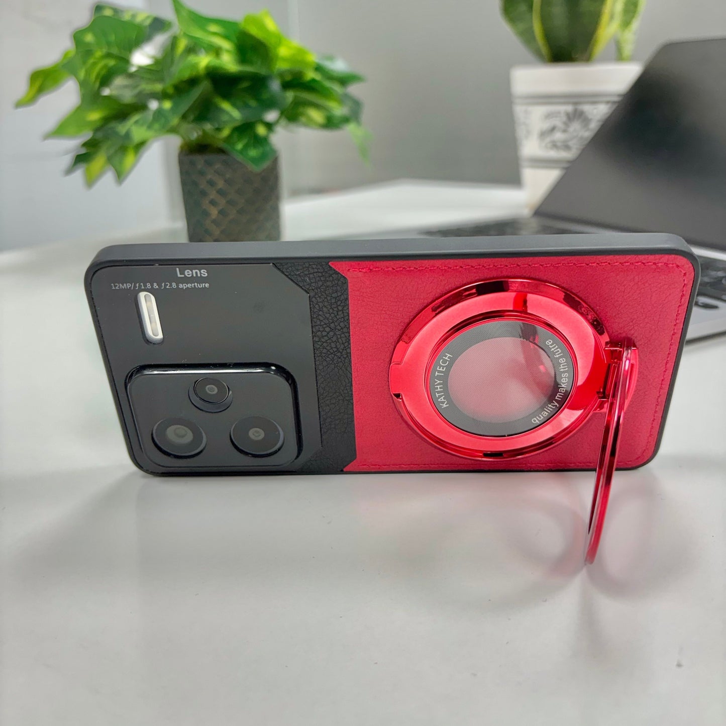 Redmi Note 13 Pro+ 5G Original Luxury Leather Lens Magnifier Ring Stand Case