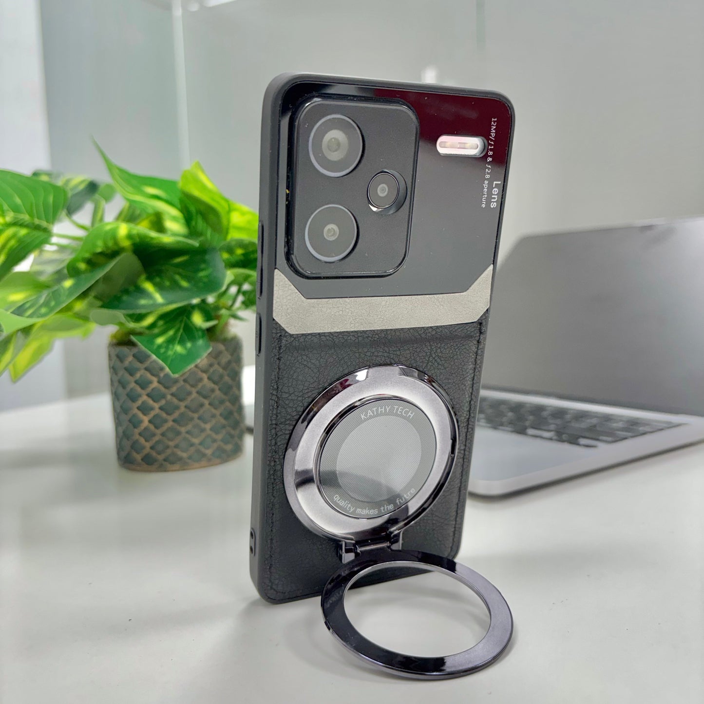 Redmi Note 13 Pro+ 5G Original Luxury Leather Lens Magnifier Ring Stand Case