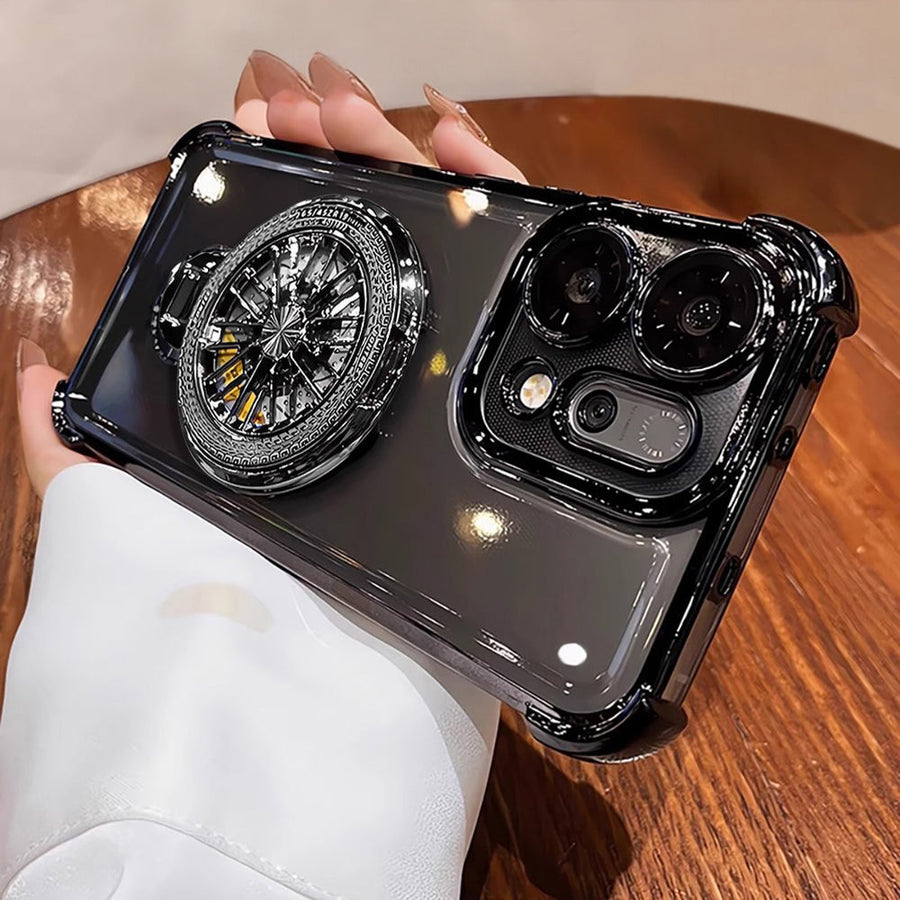 Oppo Reno 14 5G Phone case with intricate design held by a hand on a wooden surface