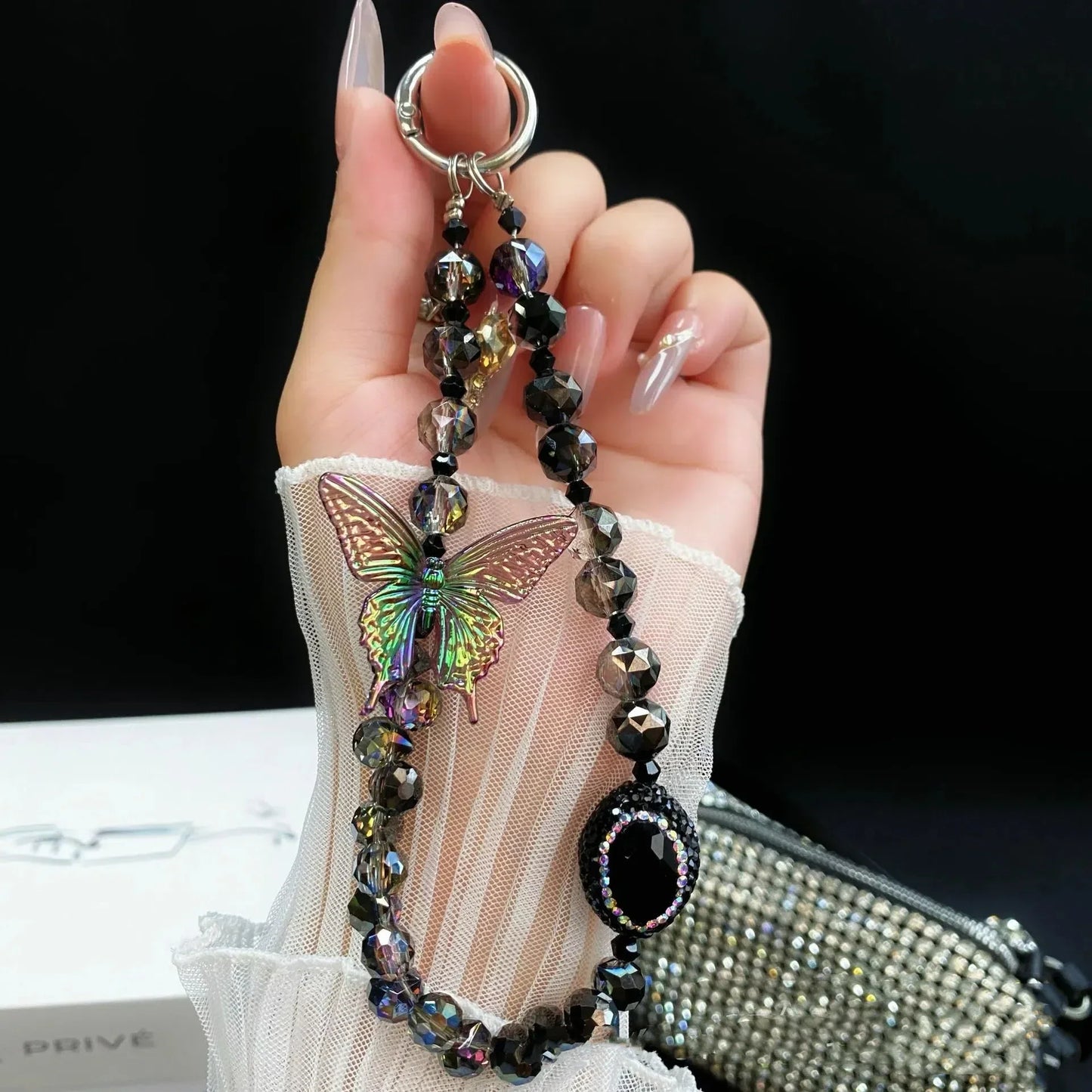 Vivo V60 5G Shockproof Shimmer Butterfly Stand Case with Charm Strap