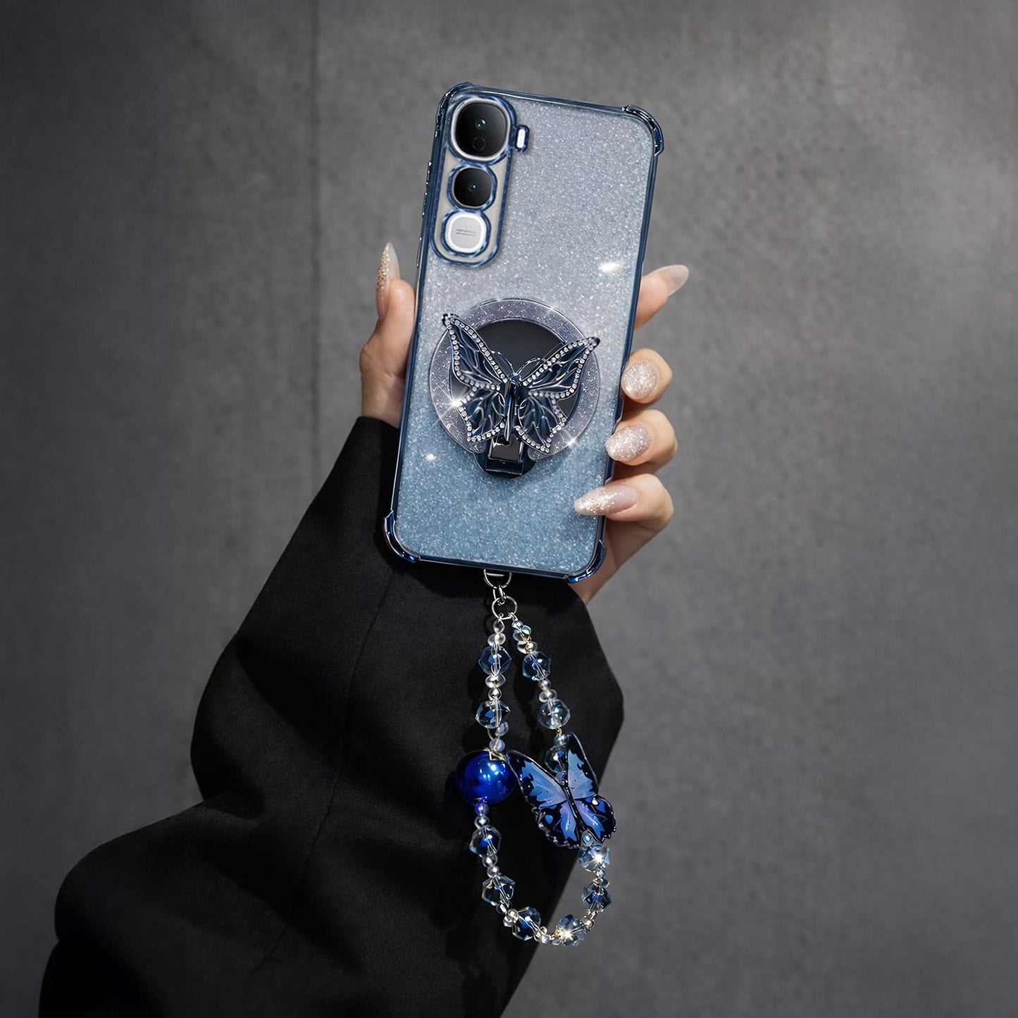 Vivo Y400 Pro 5G Shockproof Shimmer Butterfly Stand Case with Charm Strap