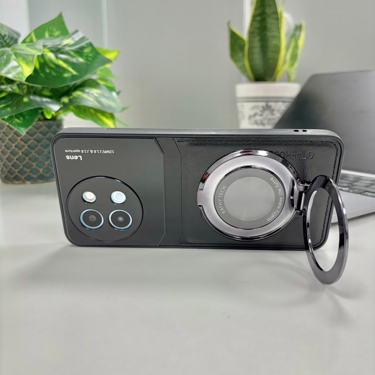 Vivo Y58 5G Original Luxury Leather Lens Magnifier Ring Stand Case