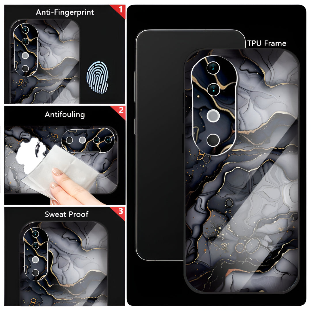 Vivo V40 Pro 5G Premium Acrylic Shockproof Glass Back Case (Black Marble)