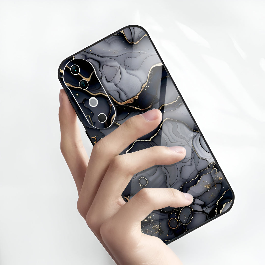 Vivo V40 Pro 5G Premium Acrylic Shockproof Glass Back Case (Black Marble)